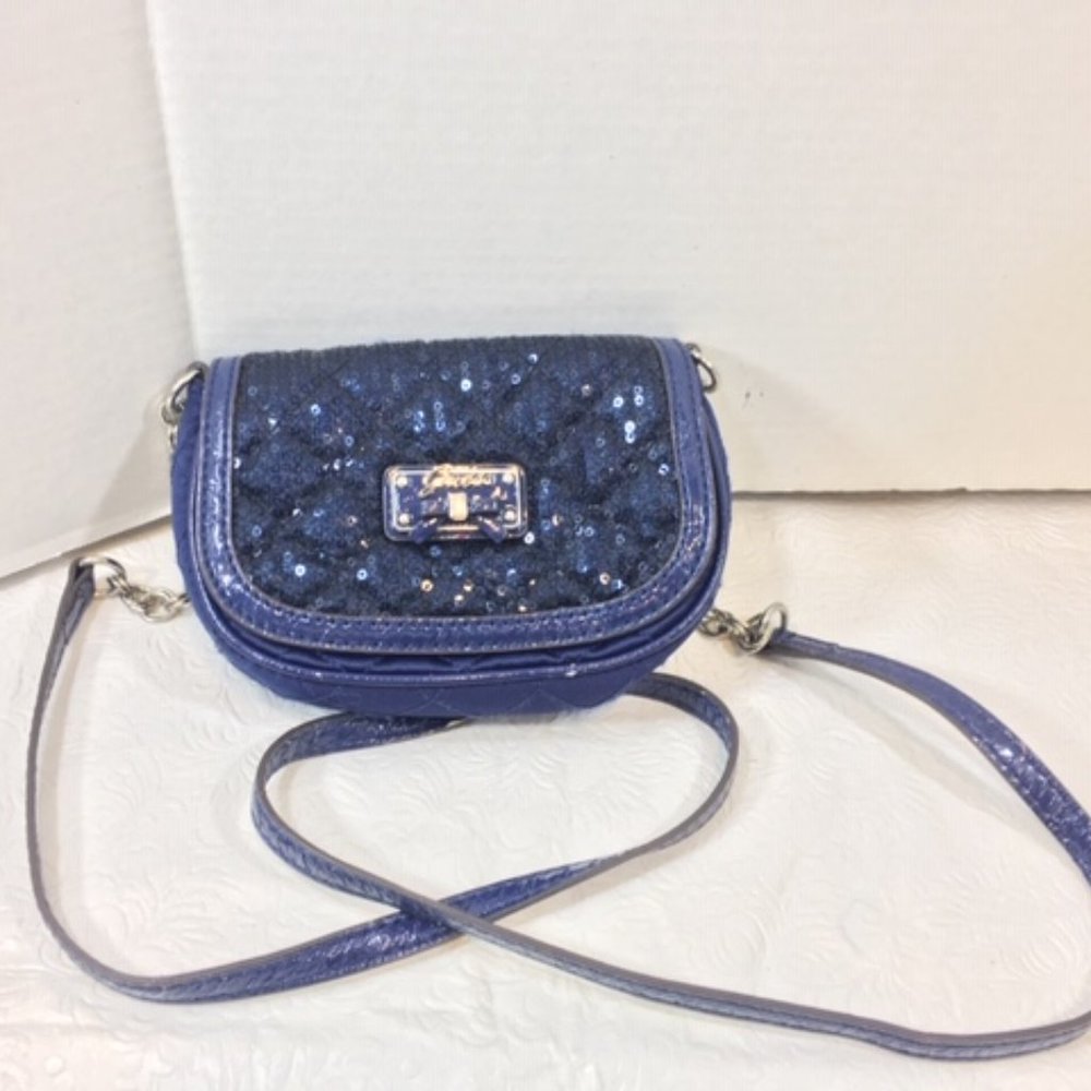 Guess Blue Sequin Sparkles Quilted Faux Leather Crossbody Bag 7"x2"x4.5"